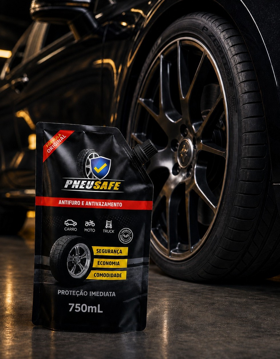 Embalagem PneuSafe 750mL em frente a roda automotiva