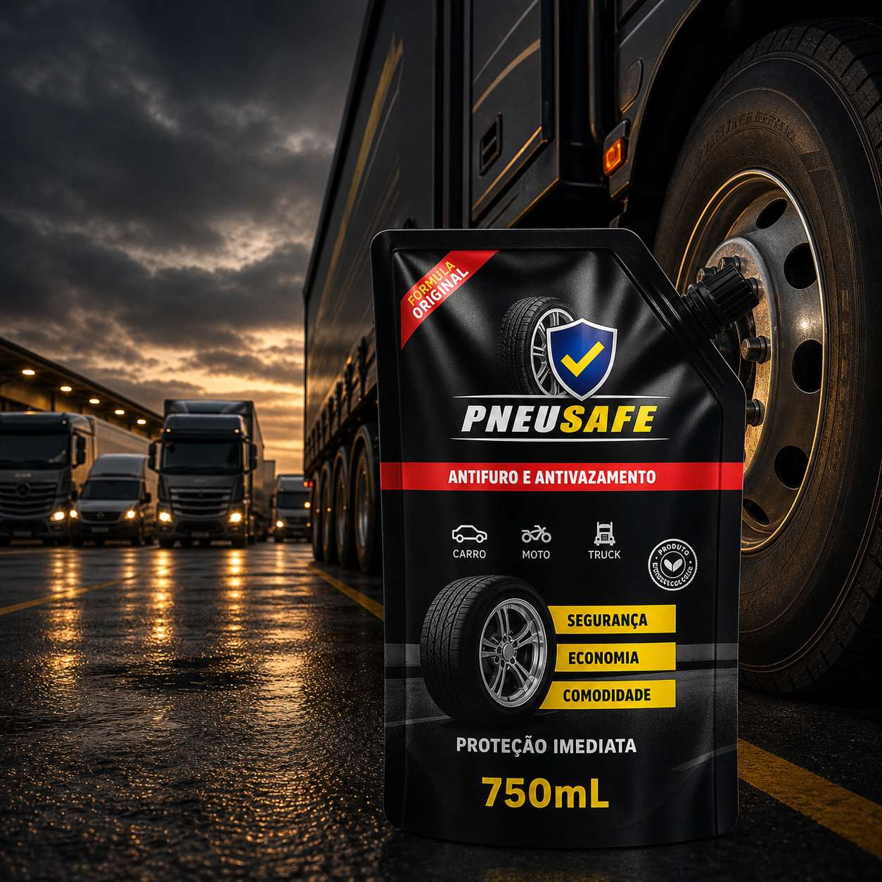 Produto PneuSafe 750mL com tampa preta em contexto de frota