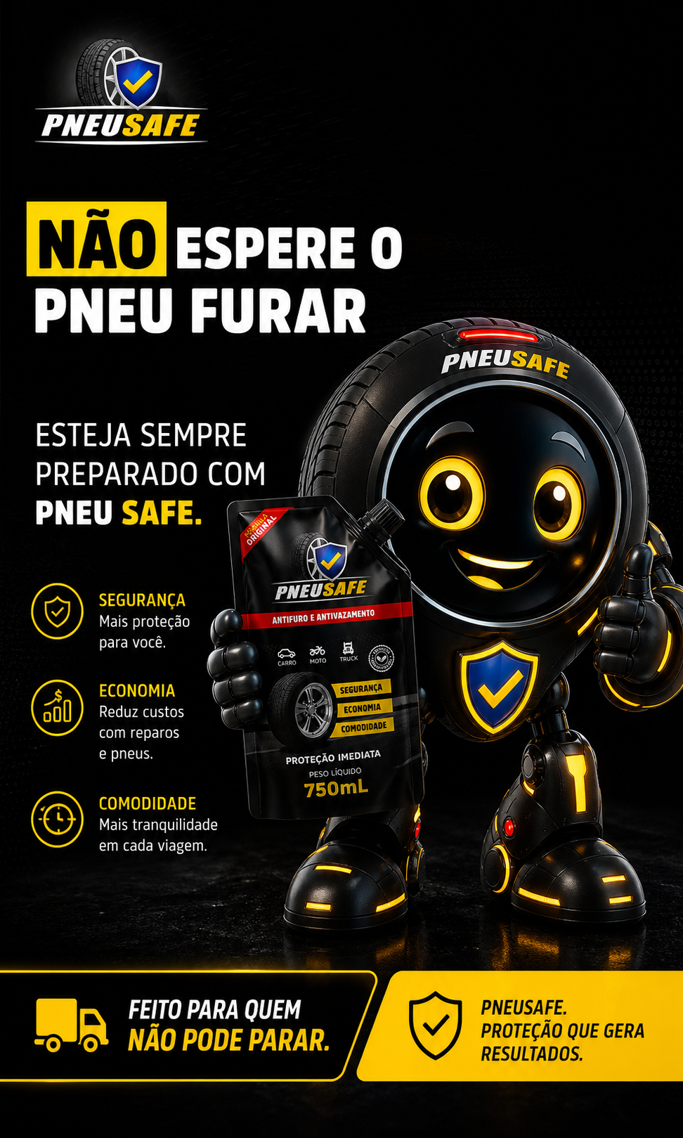 Mascote PneuSafe segurando o produto 750mL com tampa preta