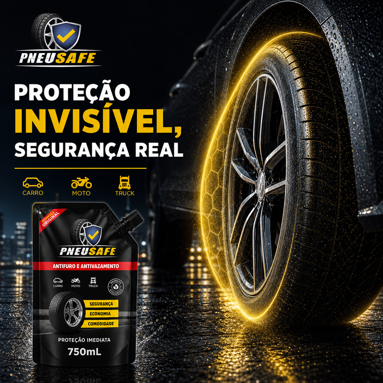 Arte PneuSafe 750mL com proteção invisível em pneu automotivo
